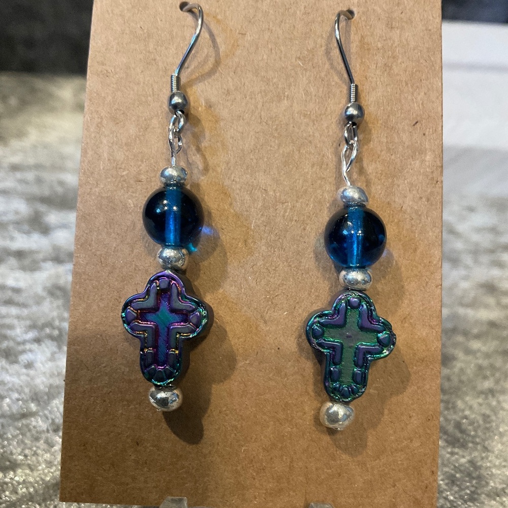 Blue Glass Bead and Cross Dangle Pierced Earrings